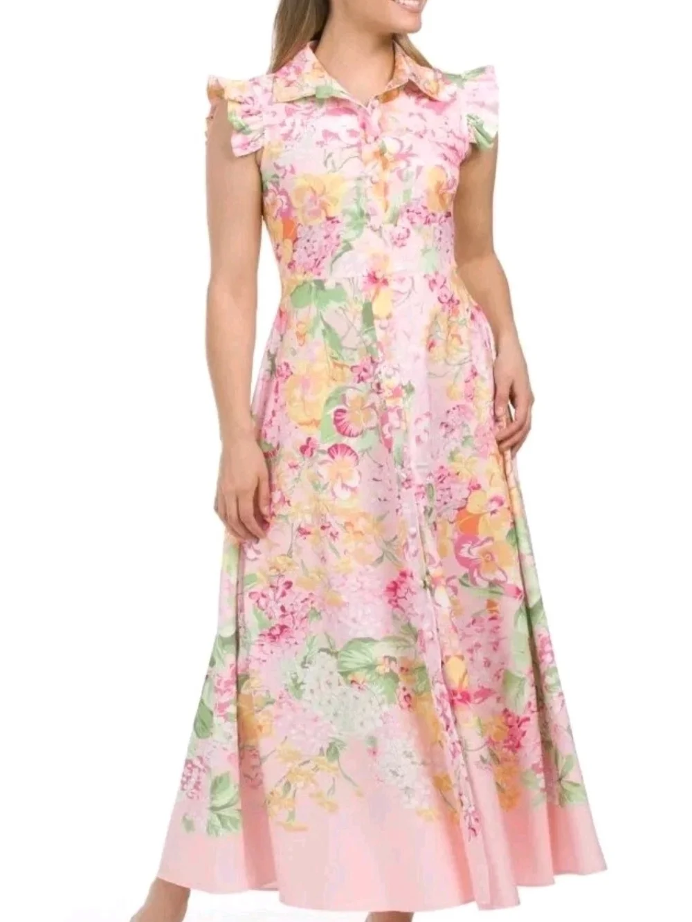 dalia macphee dress Three-quarter Sleeve Maxi VinNews Recommendations A Feminine Pink Floral Midi Dress With A Collared Neckline And Ruffle Cap Sleeves Dalia Macphee Dress | Color: